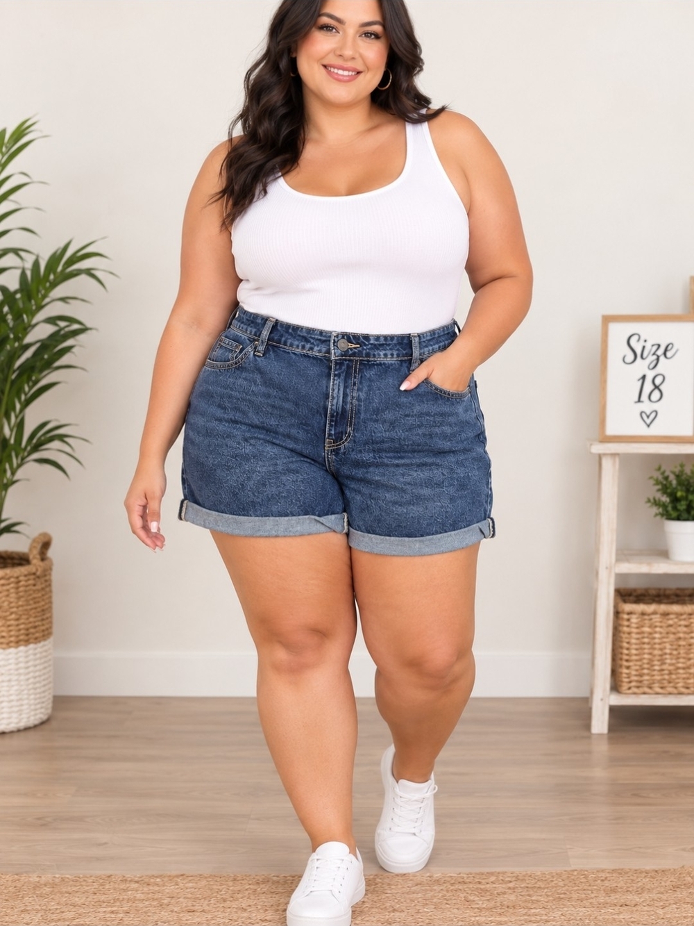Classic Plus-Size Denim Roll-Cuff Shorts - Dark Blue
